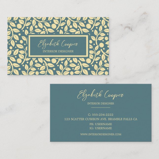 Elegant Blue and Cream Leaf Pattern Business Card (Front/Back)