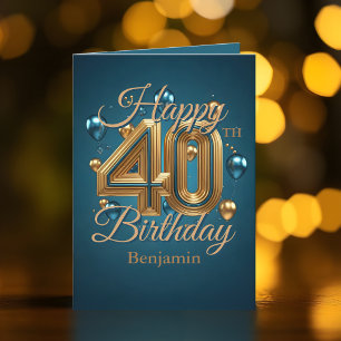 Elegant Blue and Gold 40th Birthday Celebration Card