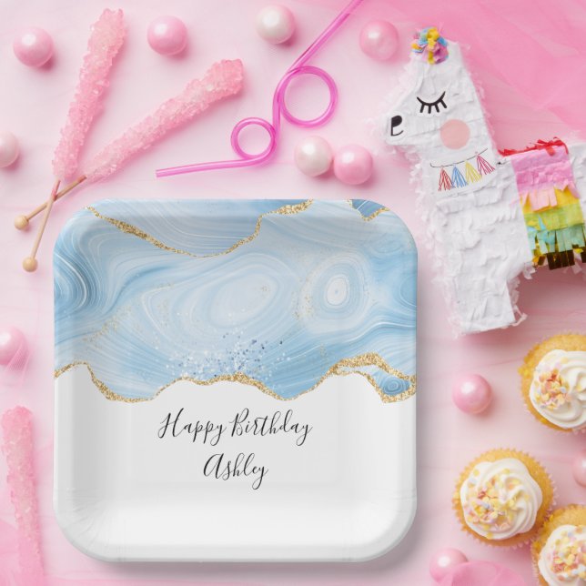  Elegant Blue and Gold Agate Border Birthday Paper Plate (Party)