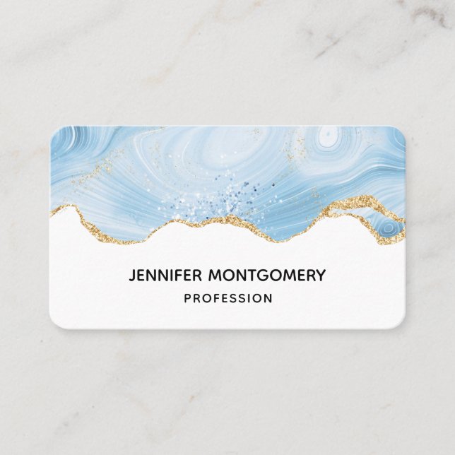Elegant Blue and Gold Agate Border Business Card (Front)