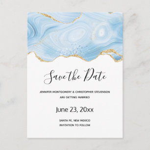 Elegant Blue and Gold Agate Border Save the Date Invitation Postcard