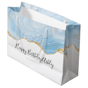 Elegant Blue and Gold Agate Design Birthday Large Gift Bag