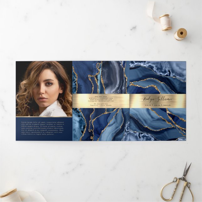 Elegant Blue and Gold Agate Trifold Brochure (Outside)