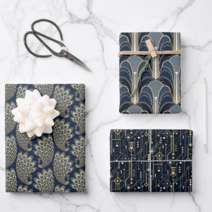 Elegant Blue and Gold Art Deco Pattern Wrapping Paper Sheet