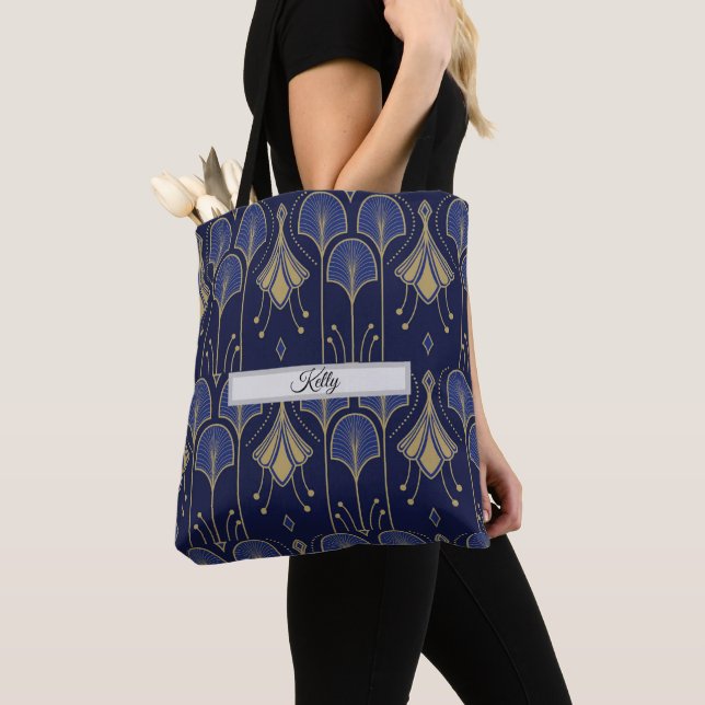 Elegant Blue And Gold Art Deco Tote Bag (Close Up)