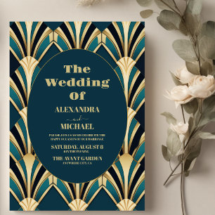 Elegant Blue and Gold Art Deco Wedding Invitation