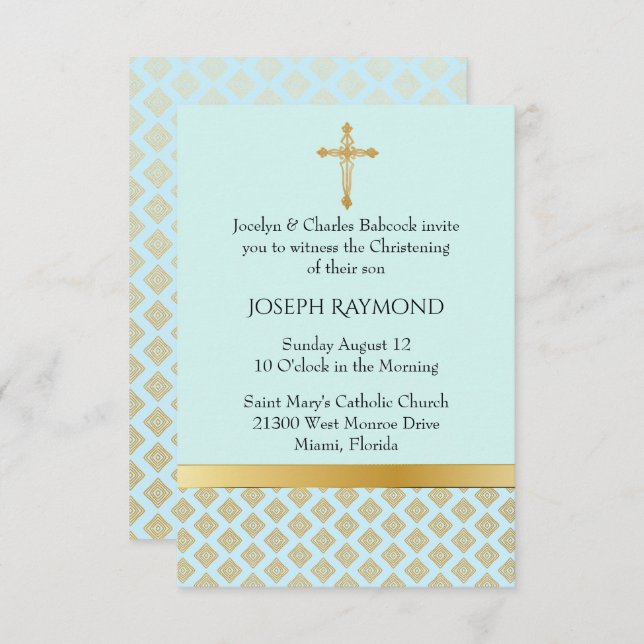 Elegant Blue and Gold Baby Christening Invitation (Front/Back)
