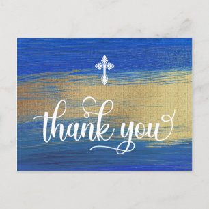 Elegant Blue And Gold Boy Baptism Thank You Postcard