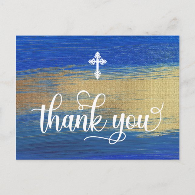 Elegant Blue And Gold Boy Baptism Thank You Postcard (Front)