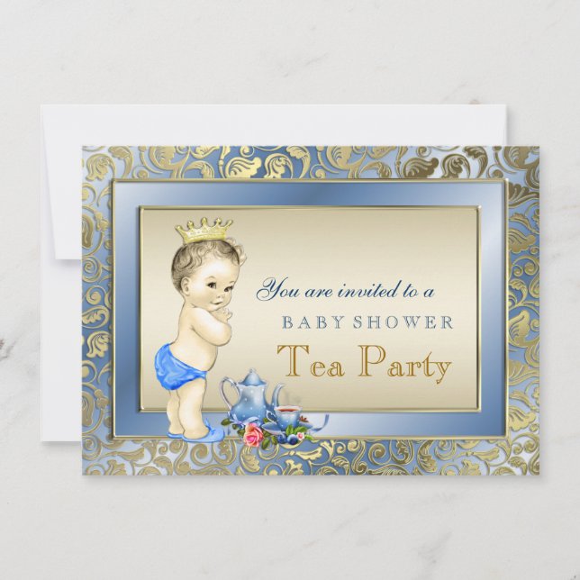 Elegant Blue and Gold Boys Tea Party Baby Shower Invitation (Front)