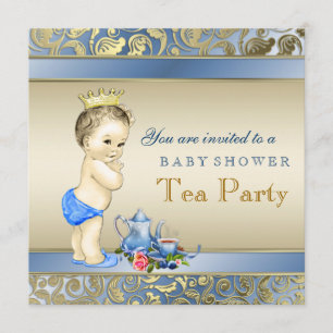 Elegant Blue and Gold Boys Tea Party Baby Shower Invitation