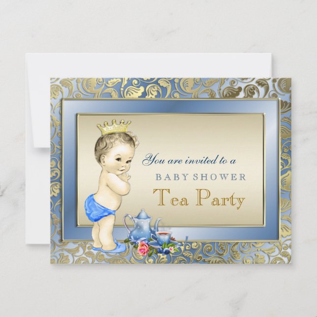 Elegant Blue and Gold Boys Tea Party Baby Shower Invitation (Front)