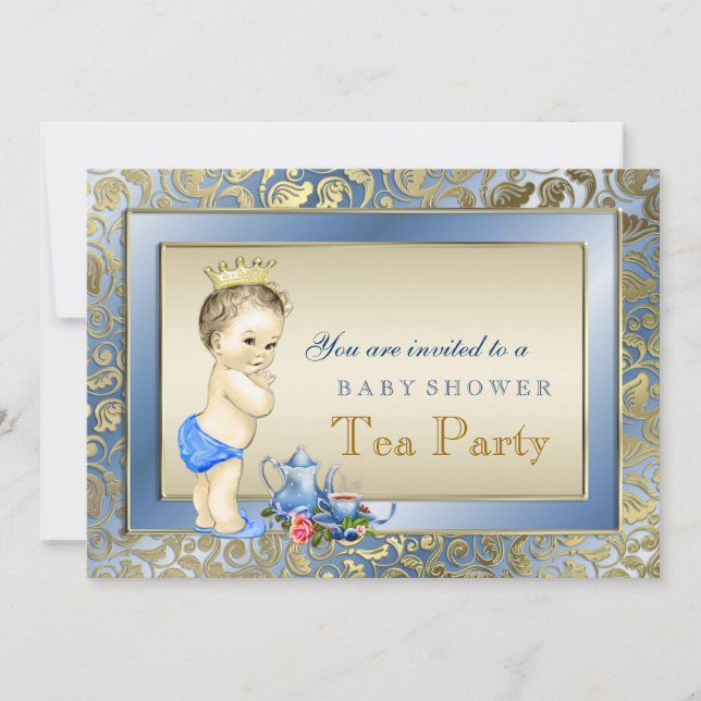 Elegant Blue and Gold Boys Tea Party Baby Shower Invitation (Front)