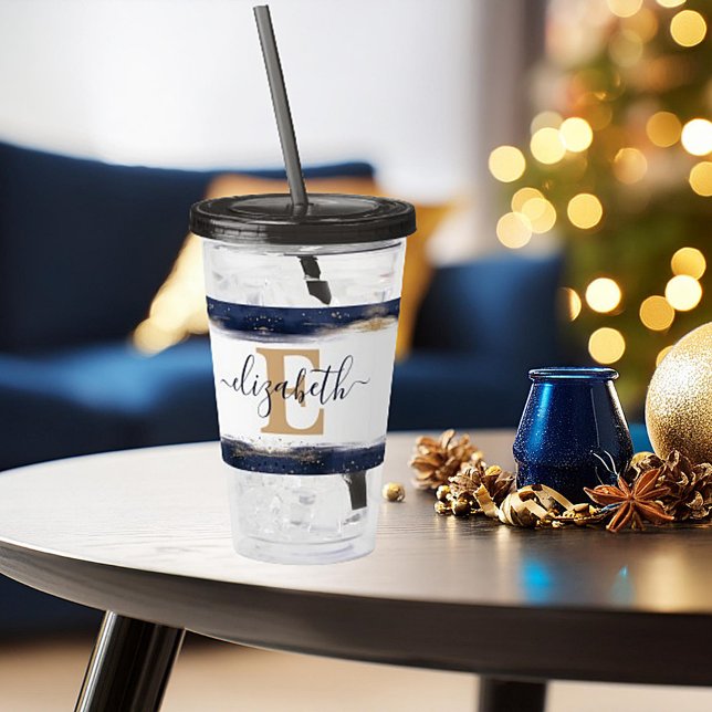 Elegant blue and gold brushstrokes personalised  acrylic tumbler (Creator Uploaded)