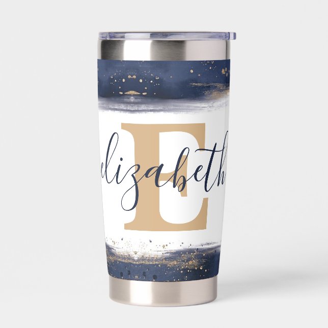 Elegant blue and gold brushstrokes personalised insulated tumbler (Left)