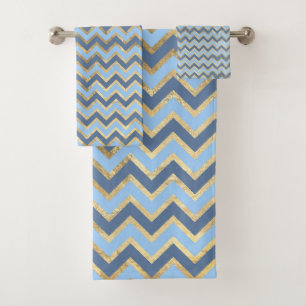 Elegant Blue and Gold Chevron Pattern Bath Towel Set