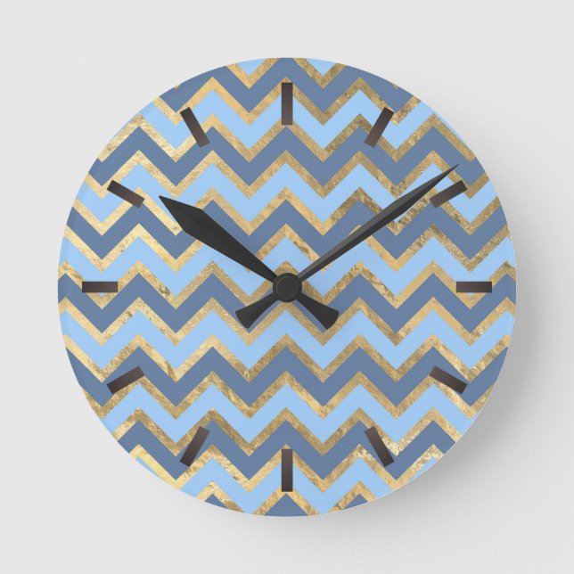Elegant Blue and Gold Chevron Pattern Round Clock (Front)