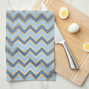 Elegant Blue and Gold Chevron Pattern Tea Towel