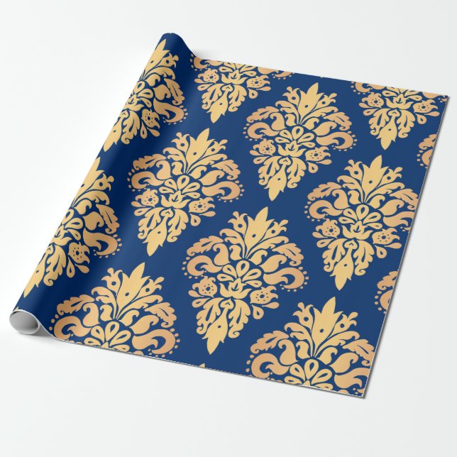 Elegant Blue and Gold Classic Damask Pattern Wrapping Paper (Unrolled)
