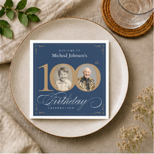 Elegant Blue and Gold Custom Photo 100th Birthday Napkin