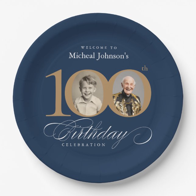Elegant Blue and Gold Custom Photo 100th Birthday  Paper Plate (Front)