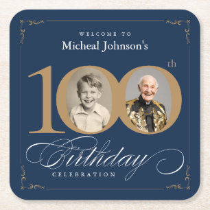 Elegant Blue and Gold Custom Photo 100th Birthday Square Paper Coaster