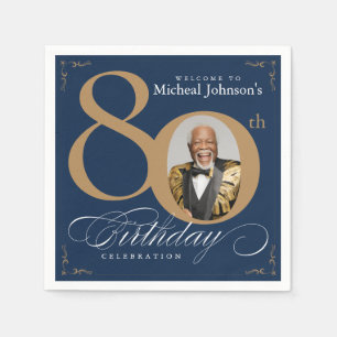 Elegant Blue and Gold Custom Photo 80th Birthday Napkin