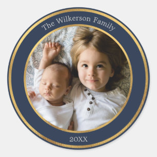 Elegant Blue and Gold Custom Photo Classic Round Sticker