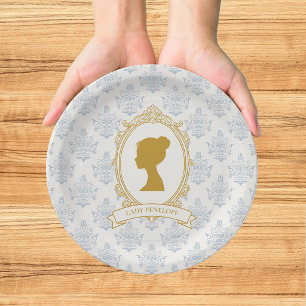 Elegant Blue and Gold Damask Bridal Shower Paper Plate