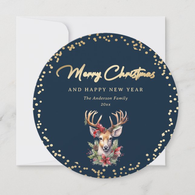Elegant Blue and Gold Deer Snow Christmas Holiday Card (Front)