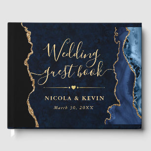 Elegant Blue and Gold Faux Glitter Agate Wedding Guest Book