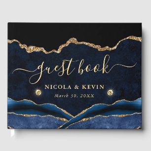Elegant Blue and Gold Faux Glitter Agate Wedding Guest Book