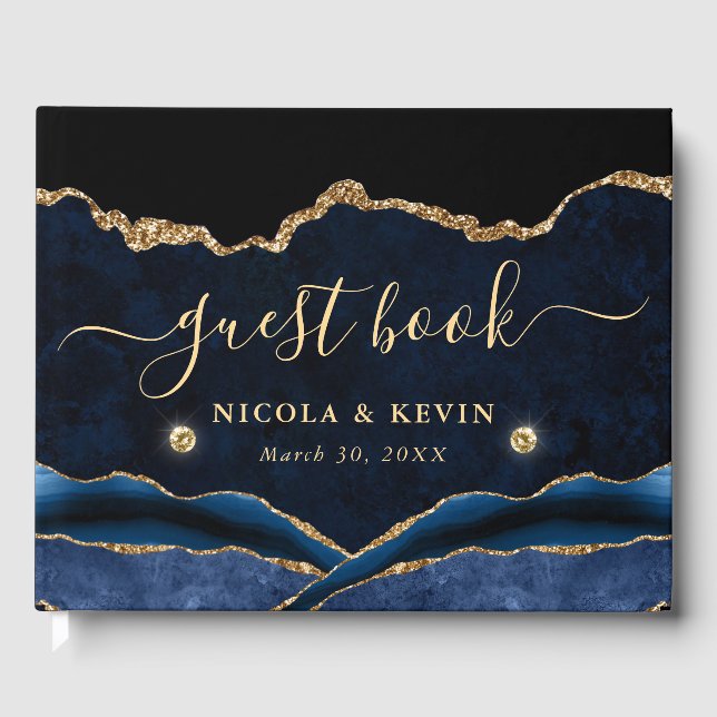 Elegant Blue and Gold Faux Glitter Agate Wedding Guest Book (Front)