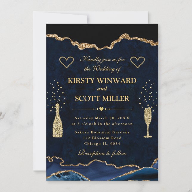 Elegant Blue and Gold Faux Glitter Agate Wedding Invitation (Front)