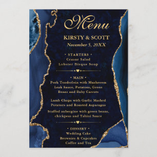 Elegant Blue and Gold Faux Glitter Agate Wedding Menu