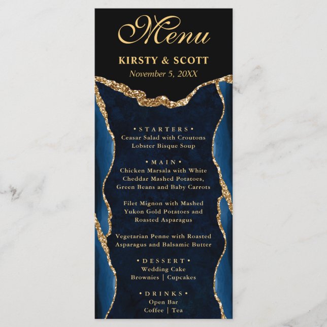 Elegant Blue and Gold Faux Glitter Agate Wedding Menu (Front)