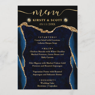 Elegant Blue and Gold Faux Glitter Agate Wedding Menu