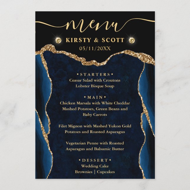 Elegant Blue and Gold Faux Glitter Agate Wedding Menu (Front)