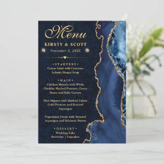 Elegant Blue and Gold Faux Glitter Agate Wedding Menu