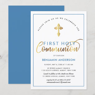 Elegant Blue And Gold First Holy Communion Invitation