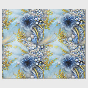 Elegant Blue and Gold Floral Beaded Wrapping Paper