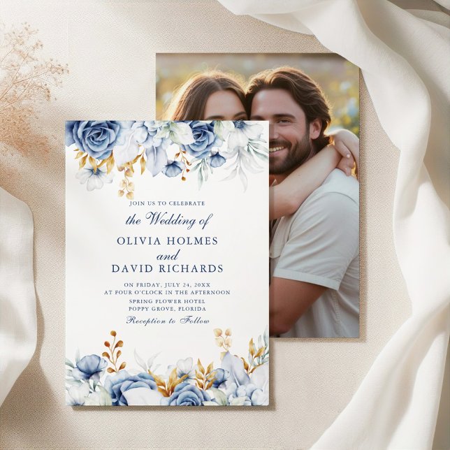 Elegant Blue and Gold Floral Couple Photo Wedding Invitation (Elegant Blue and Gold Floral Couple Photo Wedding Invitation on a white elegant fabric)