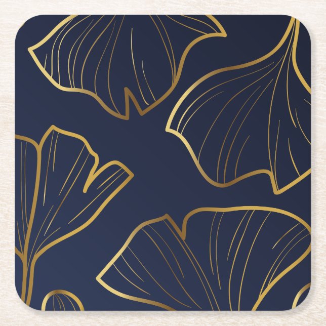 Elegant Blue and Gold Floral  Square Paper Coaster (Front)