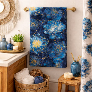 Elegant Blue and Gold Floral - Stylish Botanical Bath Towel Set