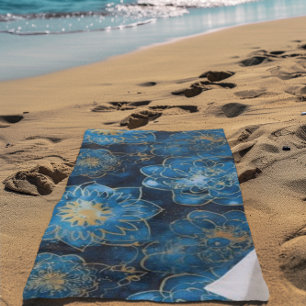 Elegant Blue and Gold Floral - Stylish Botanical Beach Towel