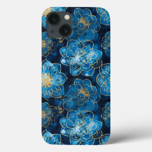 Elegant Blue and Gold Floral - Stylish Botanical iPhone 13 Case