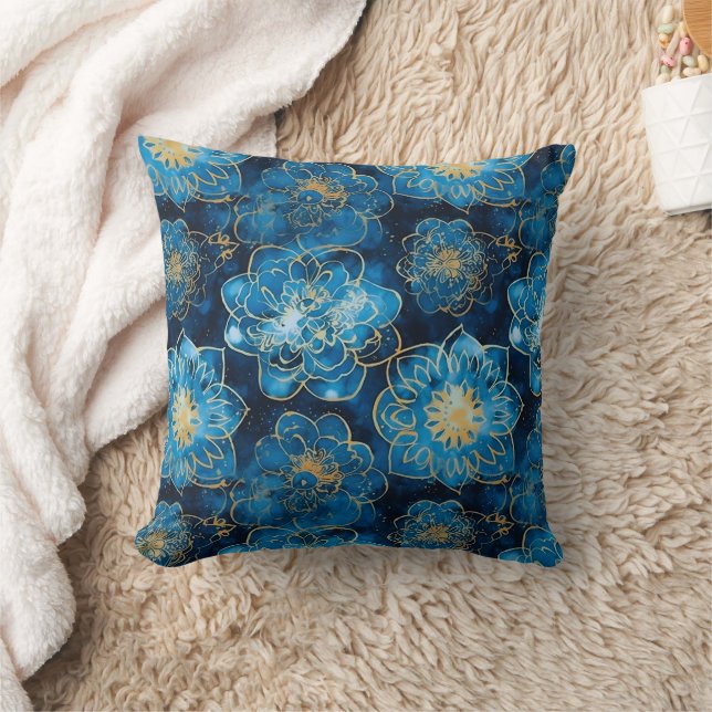 Elegant Blue and Gold Floral - Stylish Botanical  Cushion (Blanket)