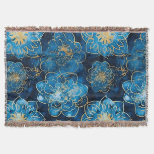 Elegant Blue and Gold Floral - Stylish Botanical Throw Blanket