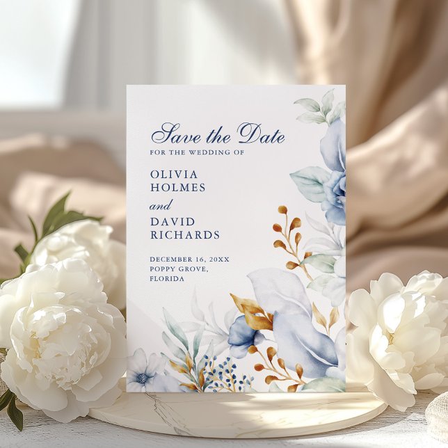 Elegant Blue and Gold Floral Wedding Save the Date (Elegant Blue and Gold Floral Wedding Save the Date on a sunny table with white peonies)