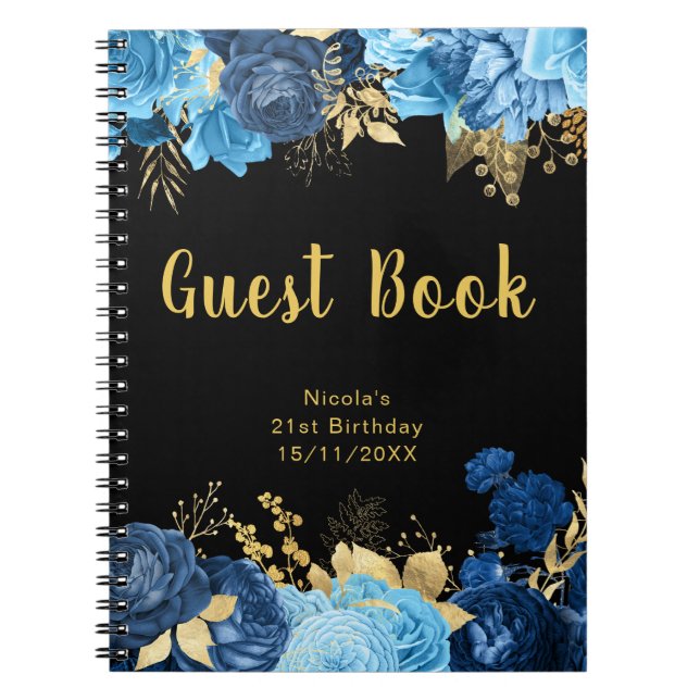 Elegant Blue and Gold Flowers Birthday Guest Book (Front)